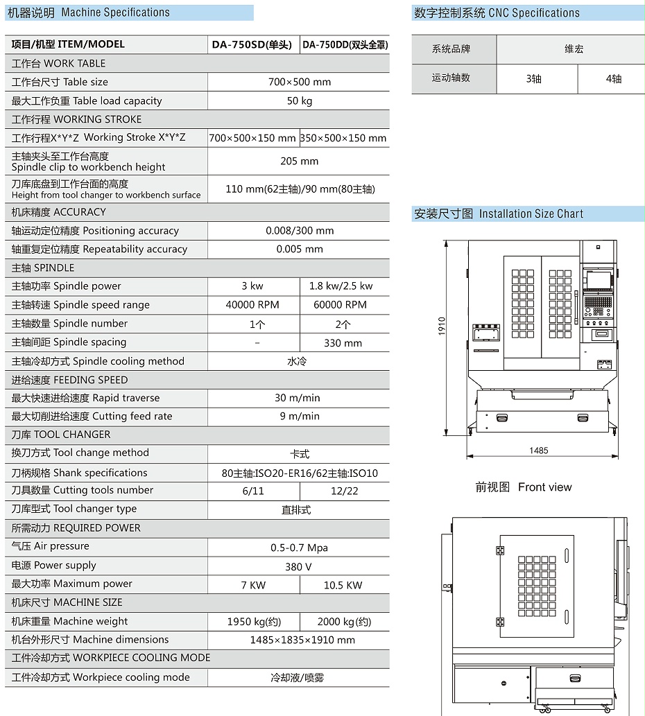 DA-750SD单头刀库精雕机参数